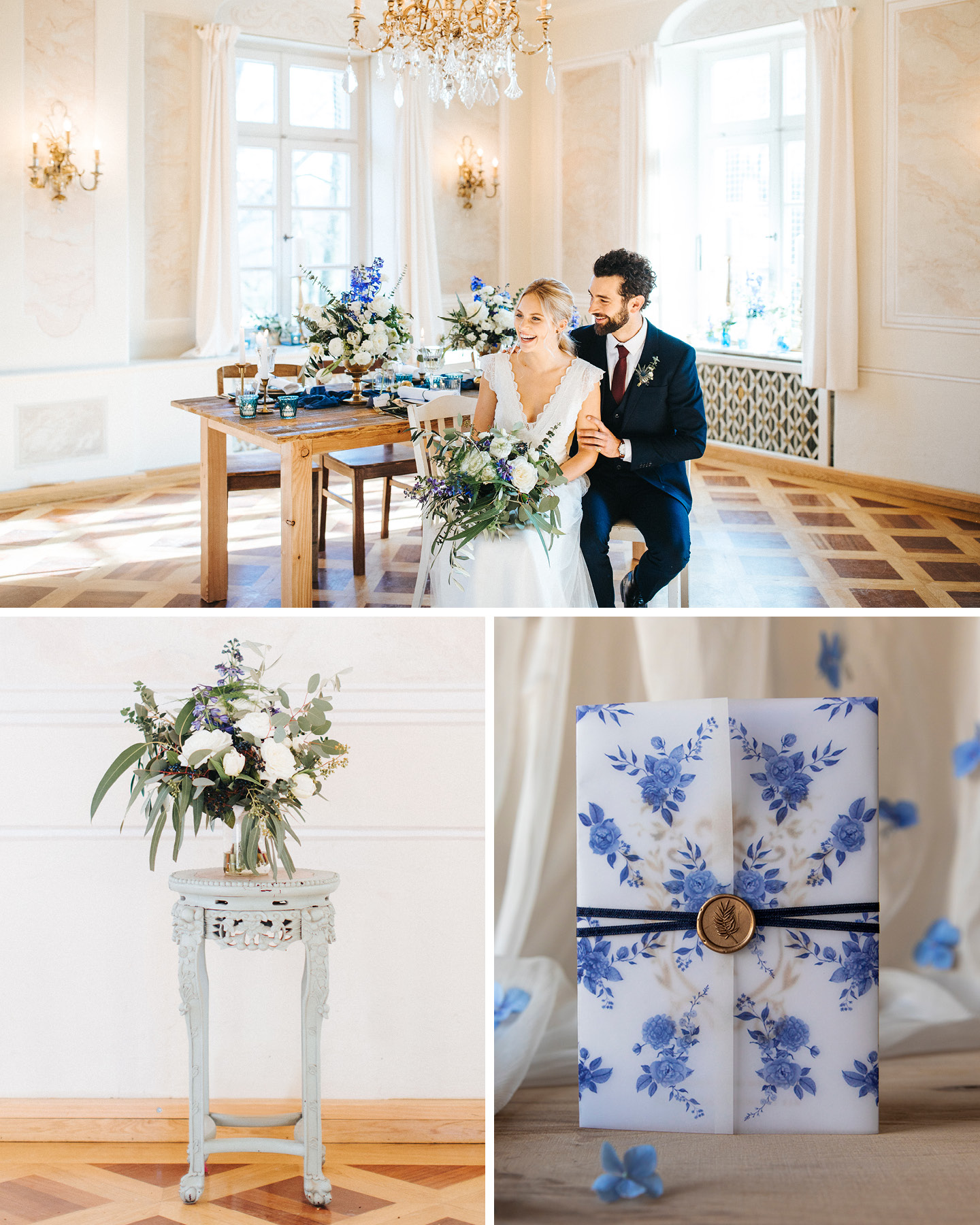 Collage: Brautpaar vor geschmücktem Hochzeitstisch, Deko in Royalblau und Weiß, Hochzeitseinladung im Regency-Stil