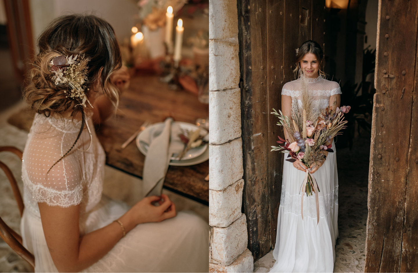 Collage aus zwei Fotos Braut im Brautkleid rechts von hinten mit Haarschmuck aus Trockenblumen links Ganzkörperbild mit Brautstrauße aus Trockenblumen in den Händen.