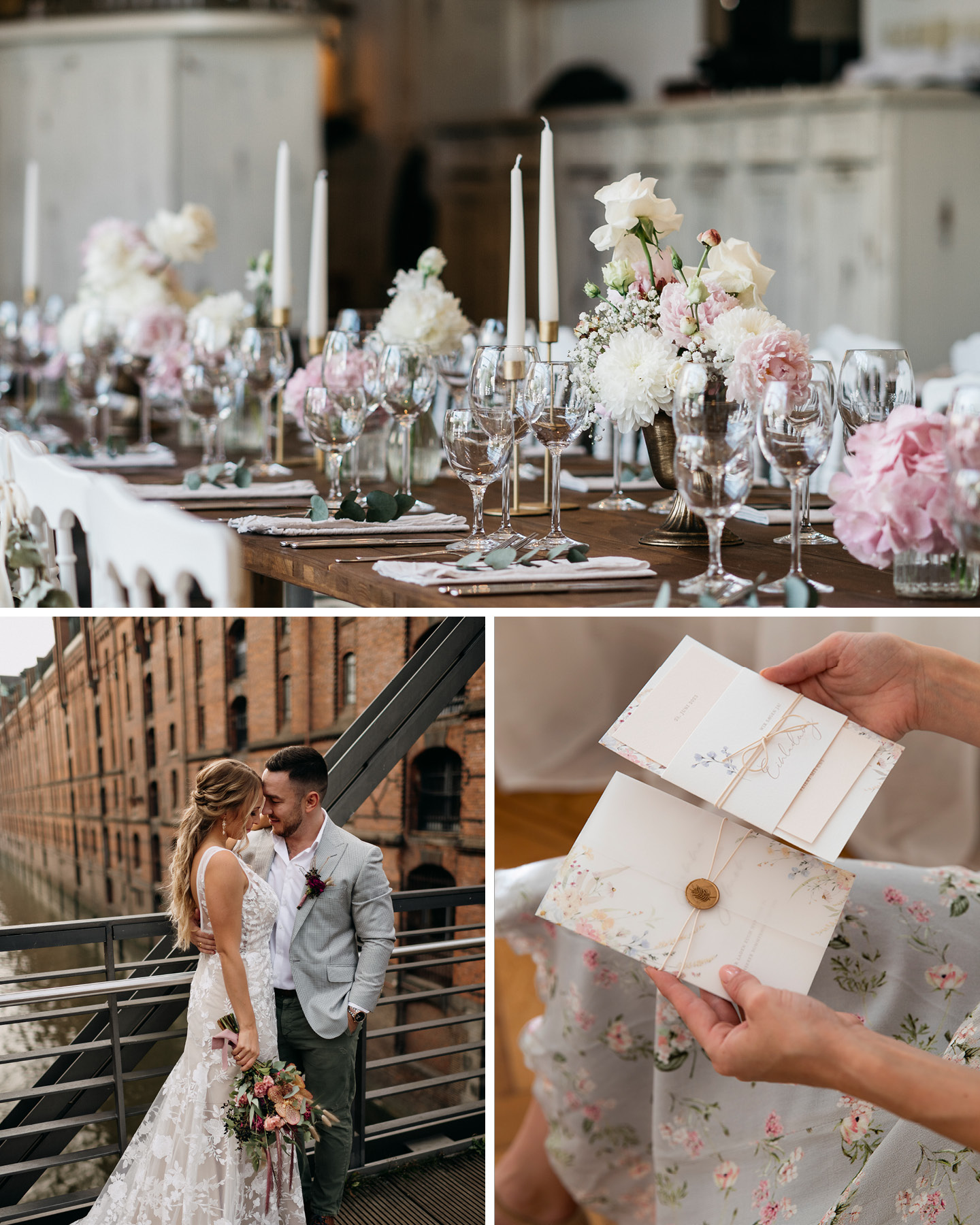 Collage: Geschmückte Hochzeitstafel im Vintage-Look, Hochzeitspaar in der Hamburger Speicherstadt, florale Hochzeitseinladung in Pastell