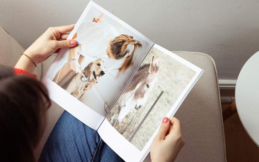 Frau hält Fotobuch in den Händen und schaut sich Urlaubsbilder an